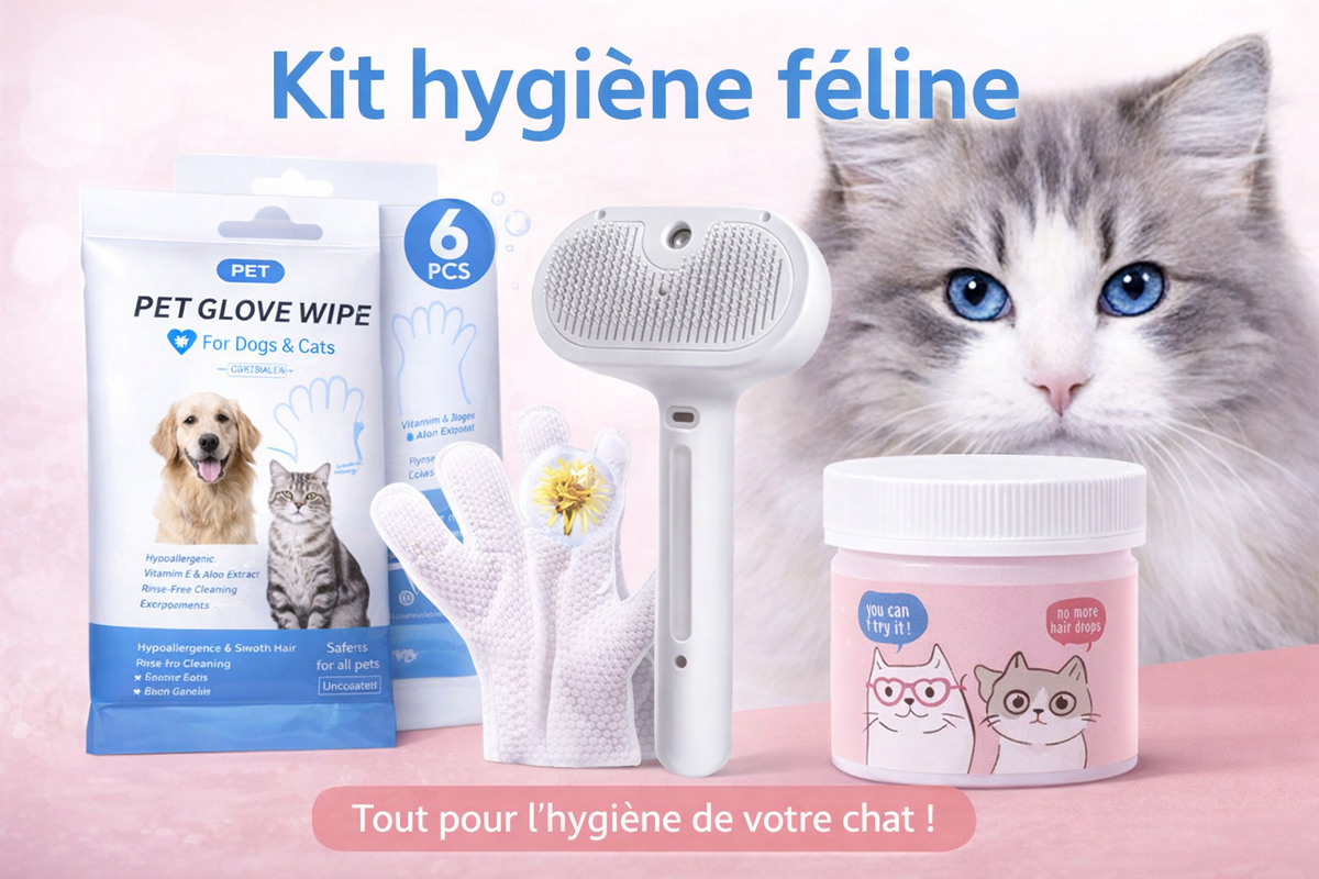 Kit hygiène féline : Brosse + Gants nettoyage à sec + Lingettes yeux