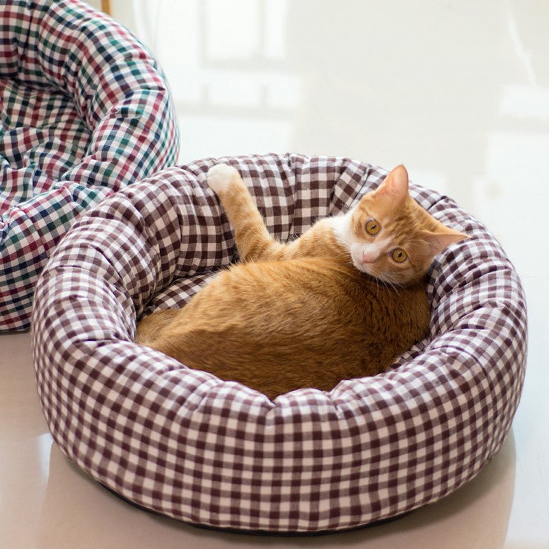 Panier pour chat chaud et douillet, motif vichy, déhoussable et lavable